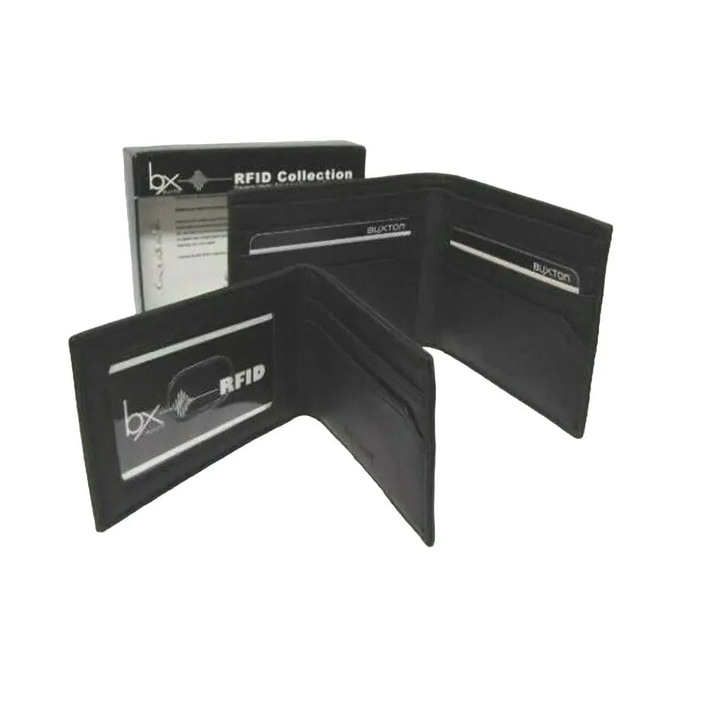NEW Mens RFID Block BIFOLD WALLET + Removable PASSCASE Buxton Black Faux Leather